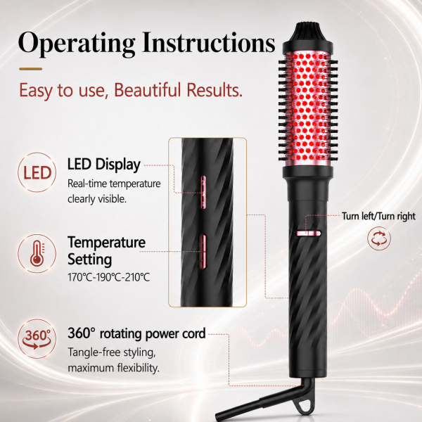 تعليمات تشغيل فرشاة التجعيد التي تعرض شاشة LED لدرجة الحرارة، وإعدادات 170C 190C 210C، وسلك طاقة دوّار بزاوية 360 درجة