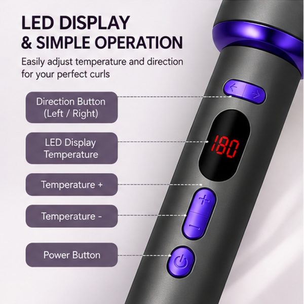 مكواة تجعيد شعر أوتوماتيكية مزودة بشاشة LCD لدرجة الحرارة، وزر الاتجاه، وأدوات التحكم في درجة الحرارة